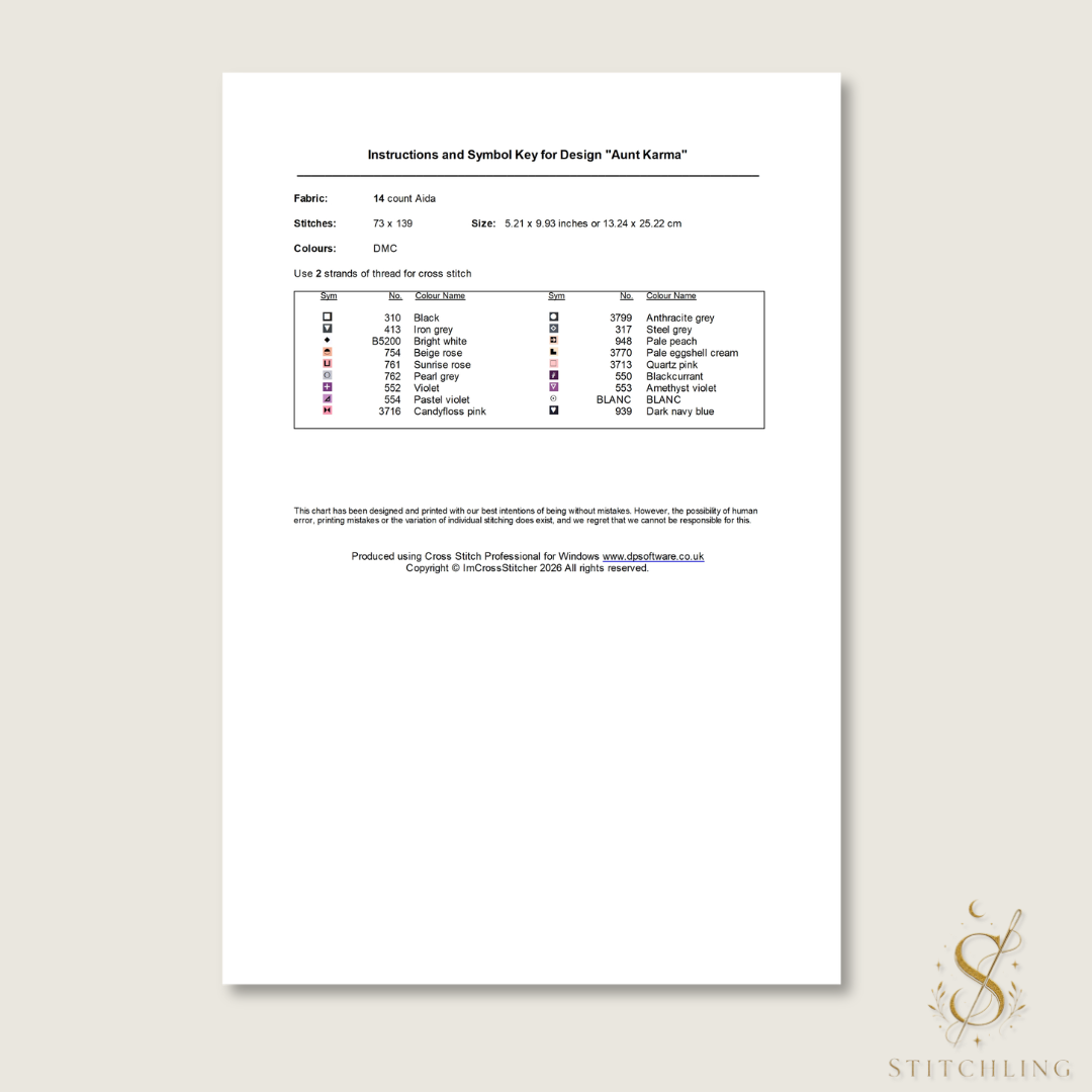 DMC color key and materials list included with the Aunt Karma cross stitch pattern, showing thread colors, fabric details, stitch count, and embroidery specifications.