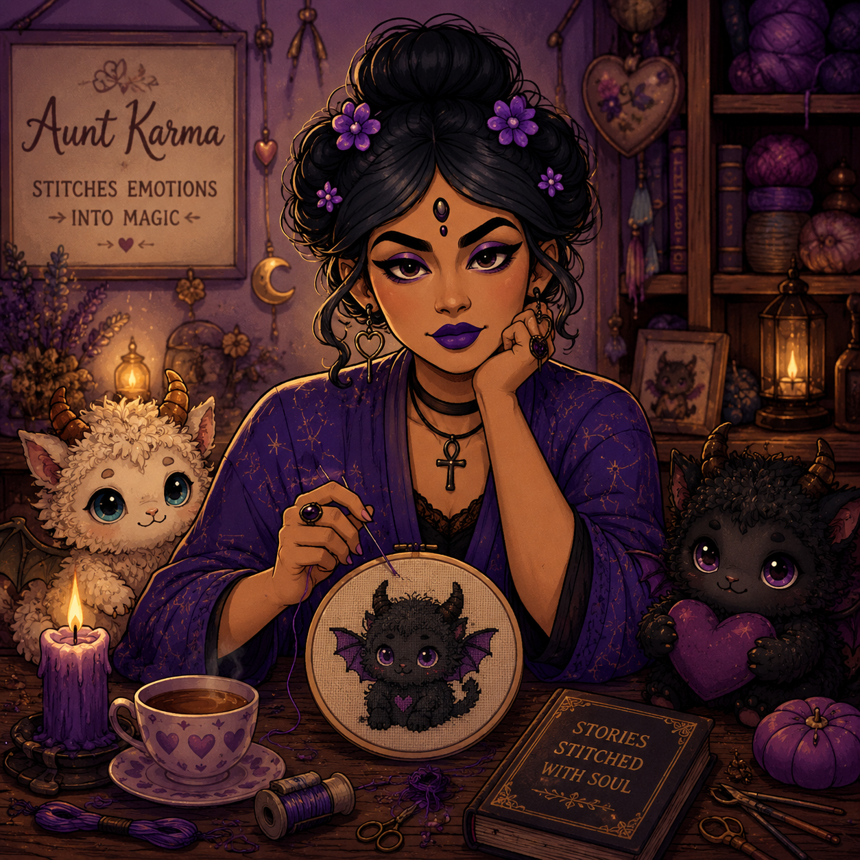 Aunt Karma fantasy embroidery character surrounded by Beasties, cross stitch projects, candles, purple cottagecore decor and magical storytelling, representing emotional healing through stitching and creative self expression