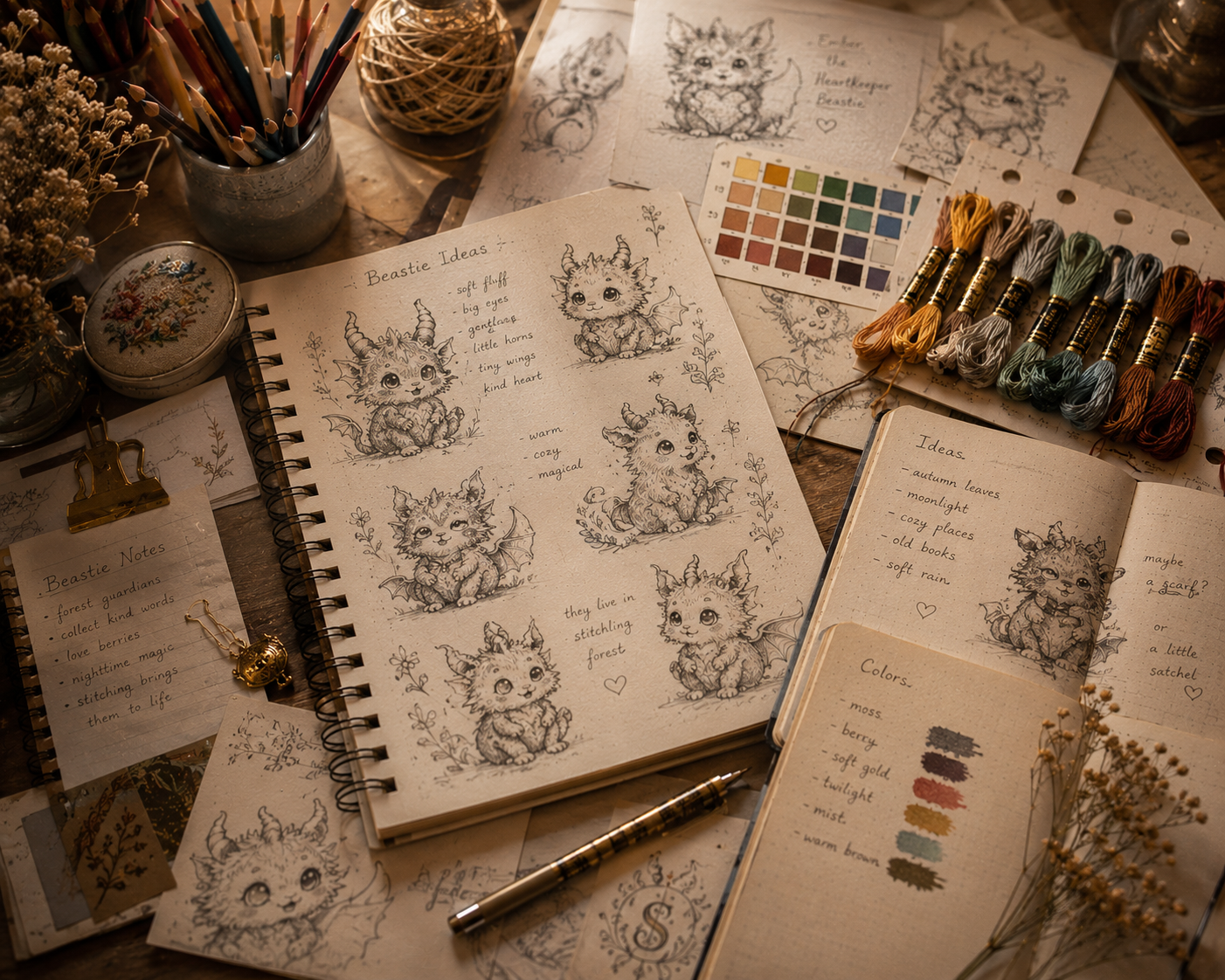 Beasties character design sketchbook featuring fantasy creature concepts, embroidery pattern planning, color palettes, DMC floss selections and cozy creative workspace for cross stitch pattern development
