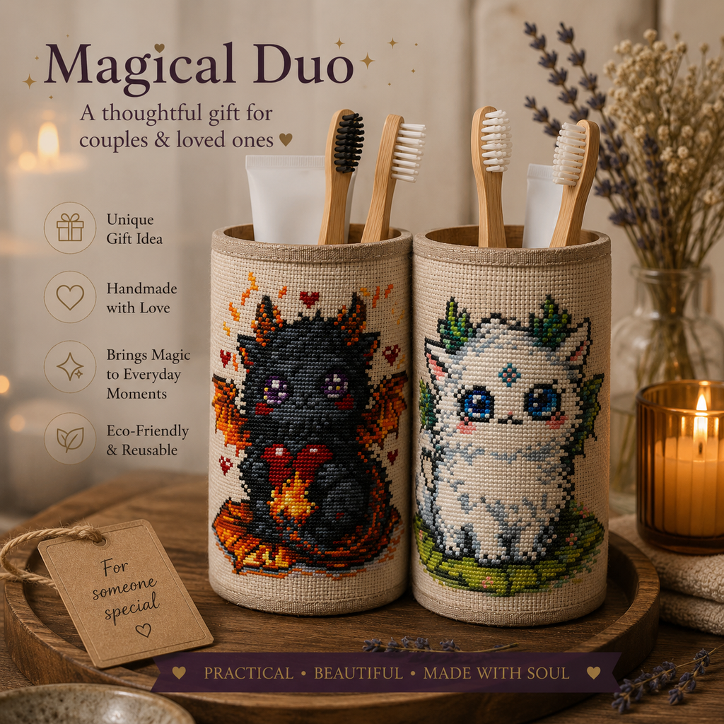 Beasties cross stitch gift idea featuring finished embroidery projects on fabric organizers, magical fantasy designs and handmade gift inspiration.