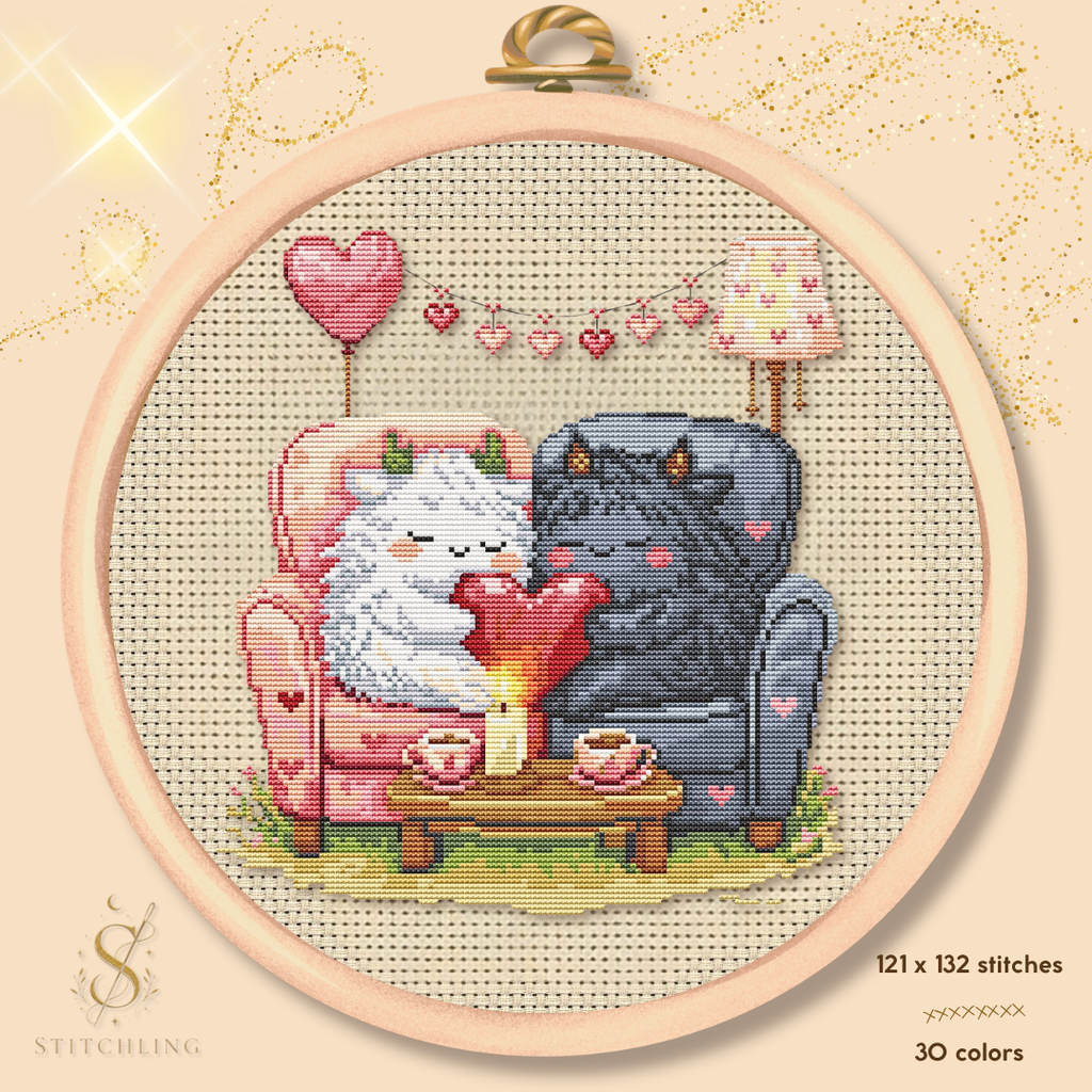 Romantic Beasties Love Duo cross stitch pattern featuring a fluffy white beast and dark beast sharing a glowing heart by candlelight, cozy fantasy embroidery PDF design