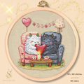 Romantic Beasties Love Duo cross stitch pattern featuring a fluffy white beast and dark beast sharing a glowing heart by candlelight, cozy fantasy embroidery PDF design