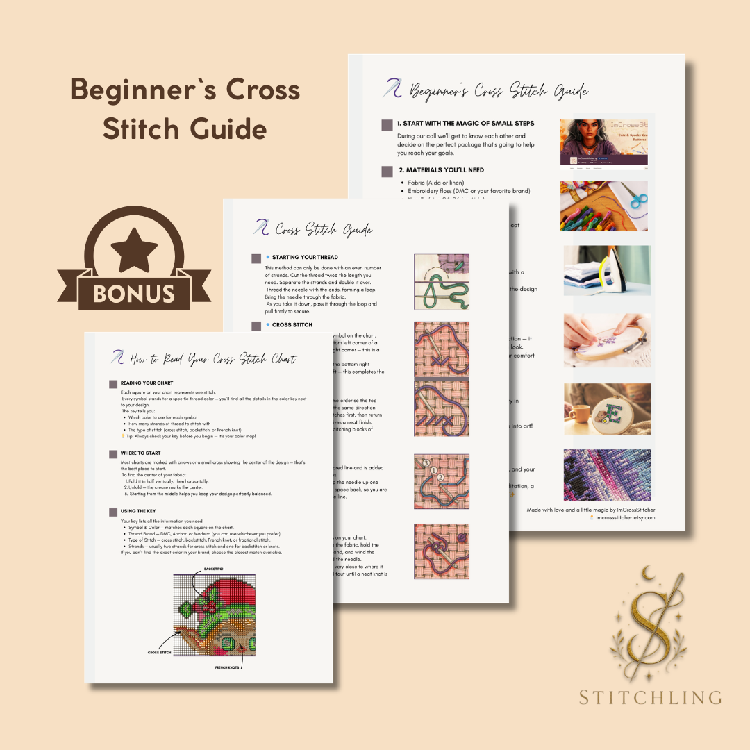 Beginner Cross Stitch Guide PDF bonus included with cross stitch patterns, step by step embroidery instructions, stitching techniques and chart reading guide.
