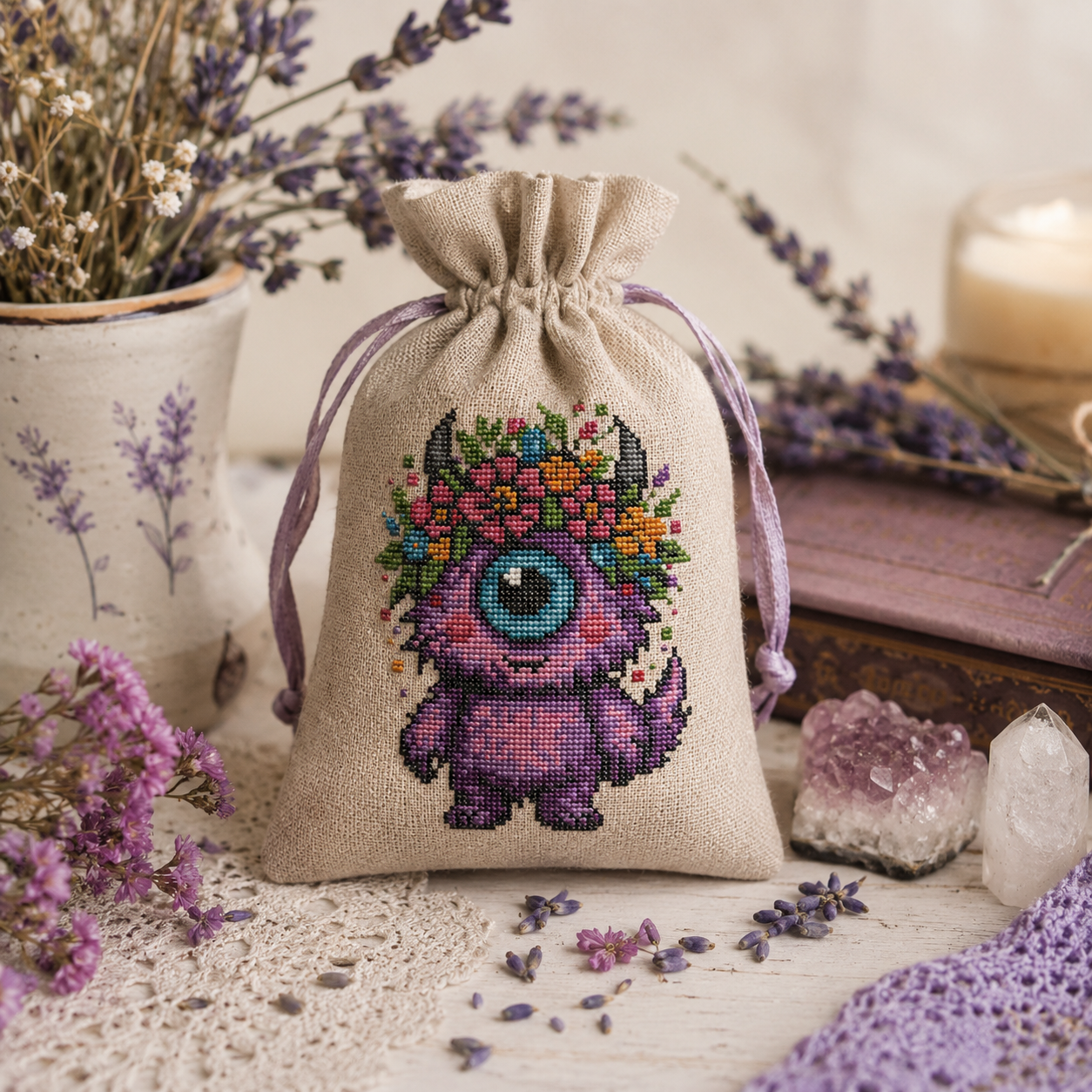 Bloom Beastie cross stitch pattern stitched on a linen drawstring pouch, colorful fantasy embroidery project and handmade gift idea.