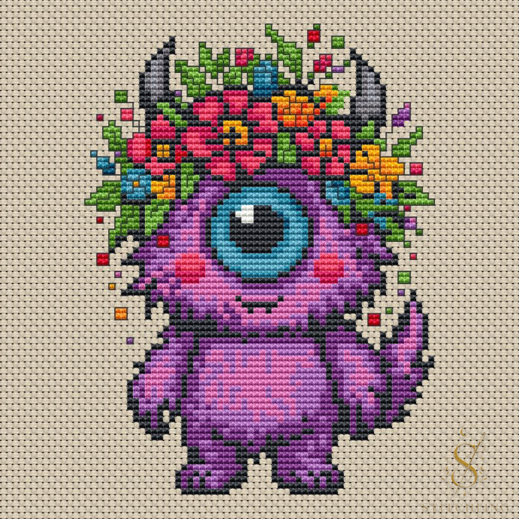 Bloom Beastie cross stitch pattern featuring a whimsical pink fantasy creature with floral crown and magical cottagecore charm.
