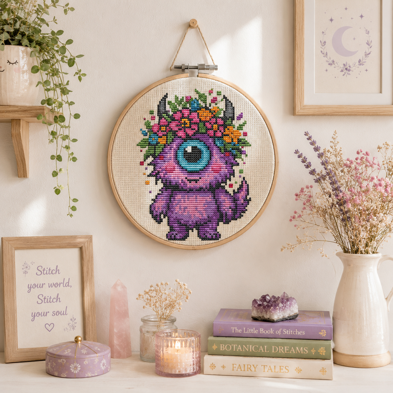Bloom Beastie cross stitch pattern displayed as framed wall art, whimsical fantasy creature embroidery for cottagecore and magical home decor.