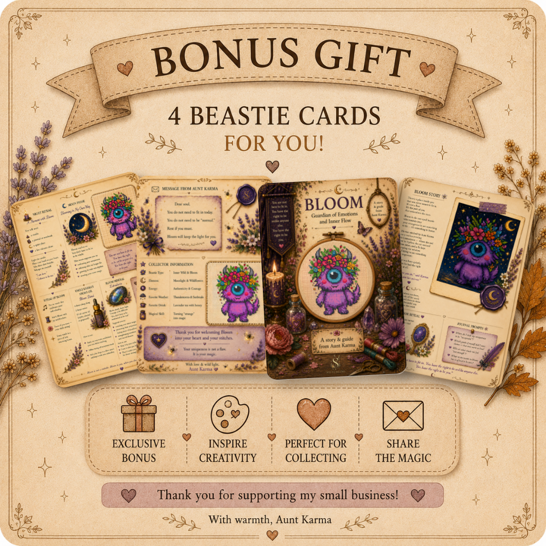 Bonus printable Bloom Beastie story cards featuring character story, self expression symbolism, affirmations, tea ritual and magical companion guide.