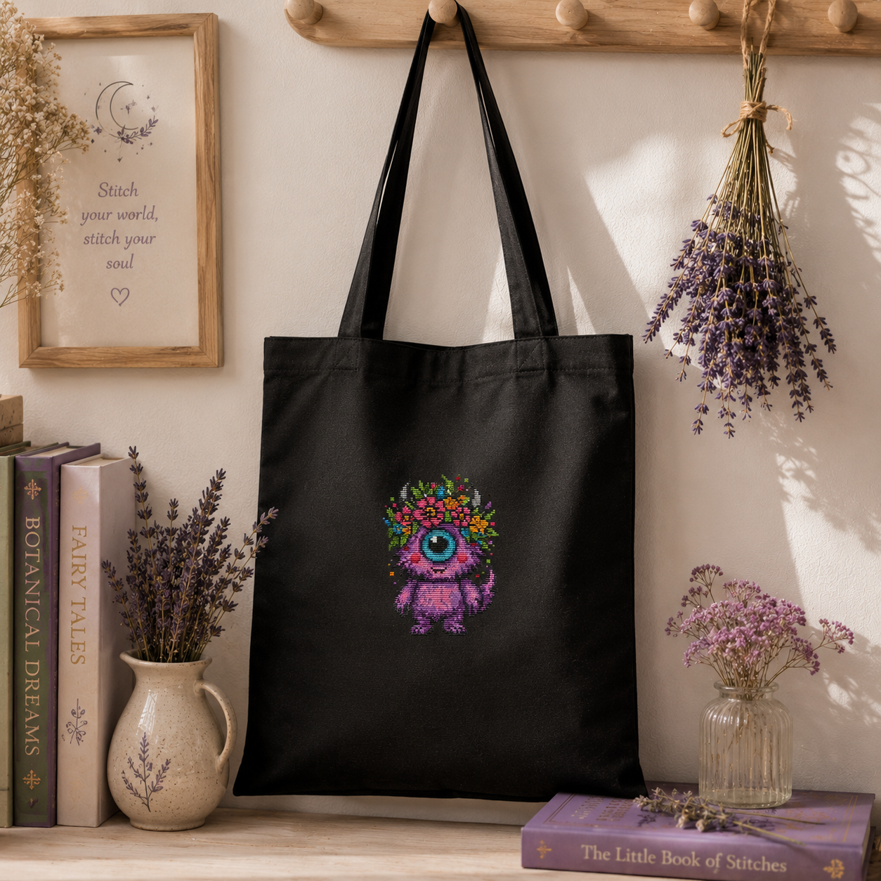 Bloom the Dreaming Beast cross stitch pattern displayed on a tote bag, colorful floral fantasy embroidery project and handmade gift inspiration