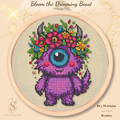 Bloom the Dreaming Beast cross stitch pattern PDF featuring a cute one eyed fantasy creature with colorful flowers, counted cross stitch design for fantasy and whimsical embroidery lovers