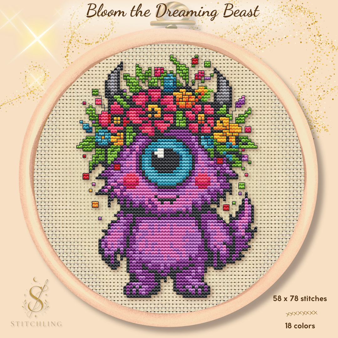 Bloom the Dreaming Beast cross stitch pattern PDF featuring a cute one eyed fantasy creature with colorful flowers, counted cross stitch design for fantasy and whimsical embroidery lovers