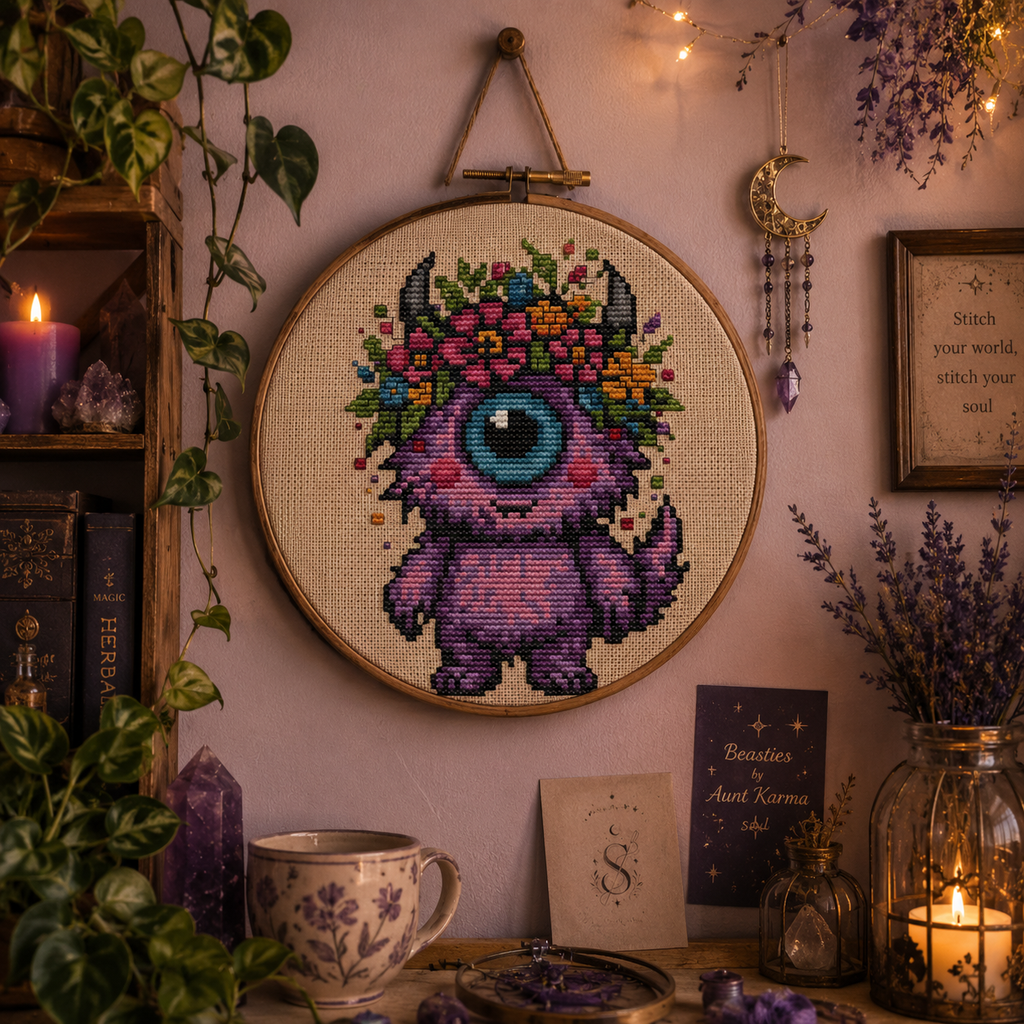 Bloom the Dreaming Beast cross stitch artwork displayed in a cozy fantasy interior, floral embroidery wall decor with whimsical cottagecore aesthetic