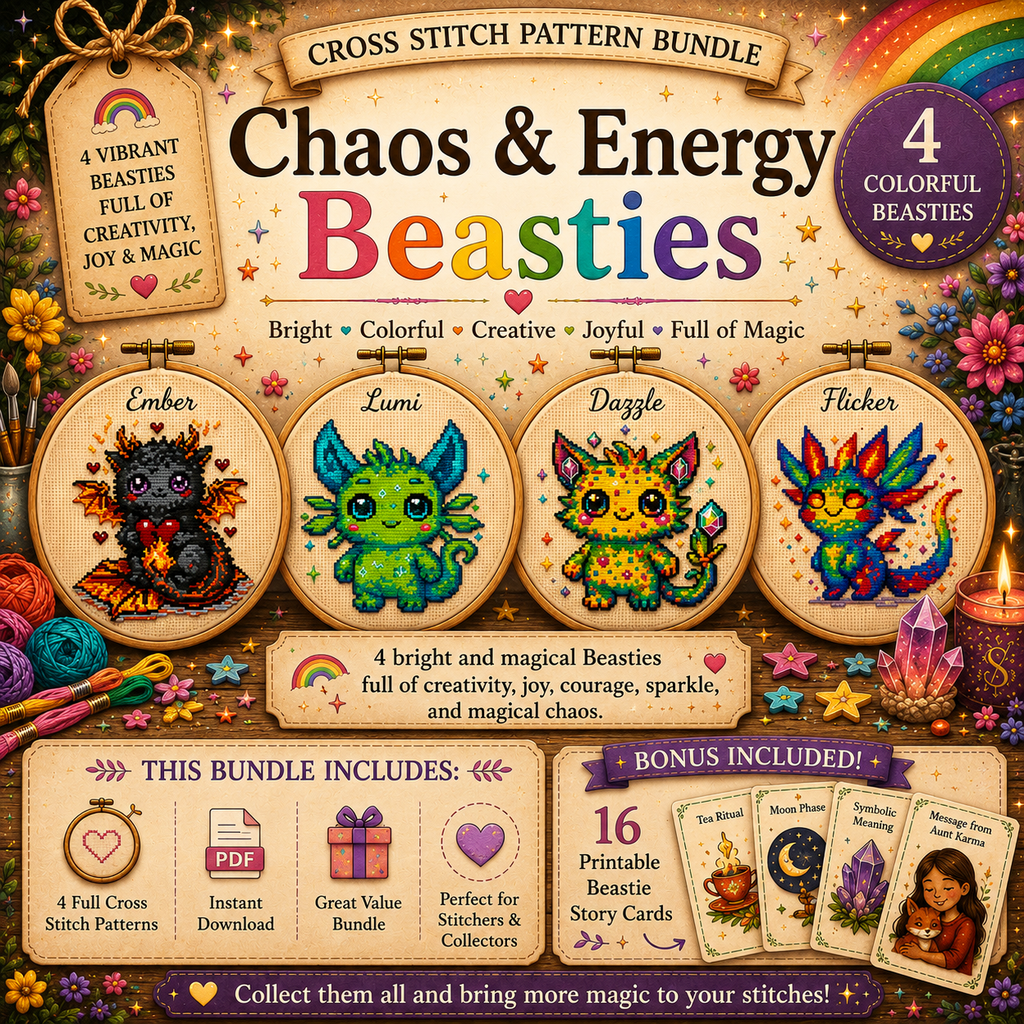 Chaos & Energy Beasties cross stitch pattern bundle featuring Ember, Lumi, Dazzle and Flicker fantasy creatures with 16 printable Beastie story cards.