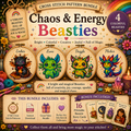 Chaos & Energy Beasties cross stitch pattern bundle featuring Ember, Lumi, Dazzle and Flicker fantasy creatures with 16 printable Beastie story cards.