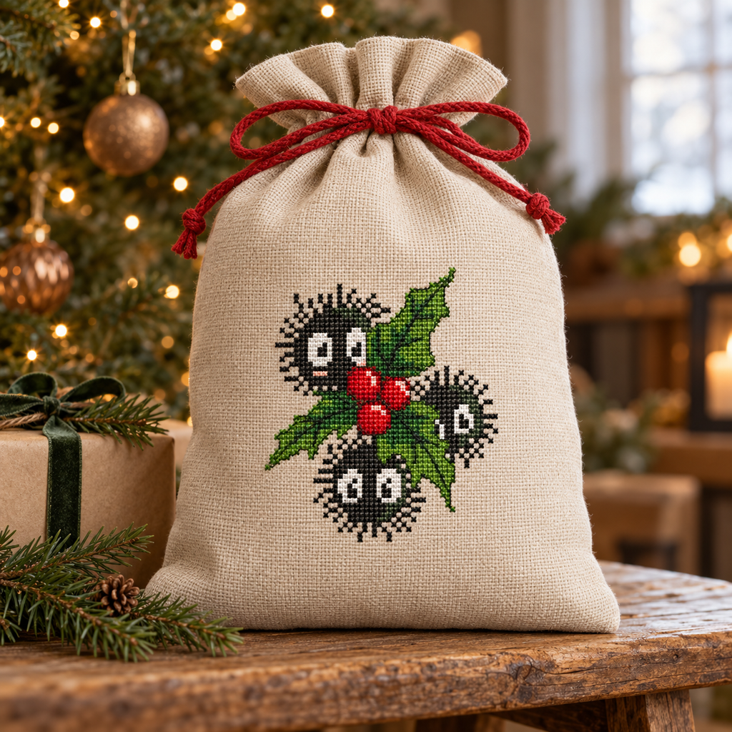 Linen Christmas gift bag with a red drawstring and cross stitched soot sprites among holly leaves and red berries, displayed beside a glowing Christmas tree.