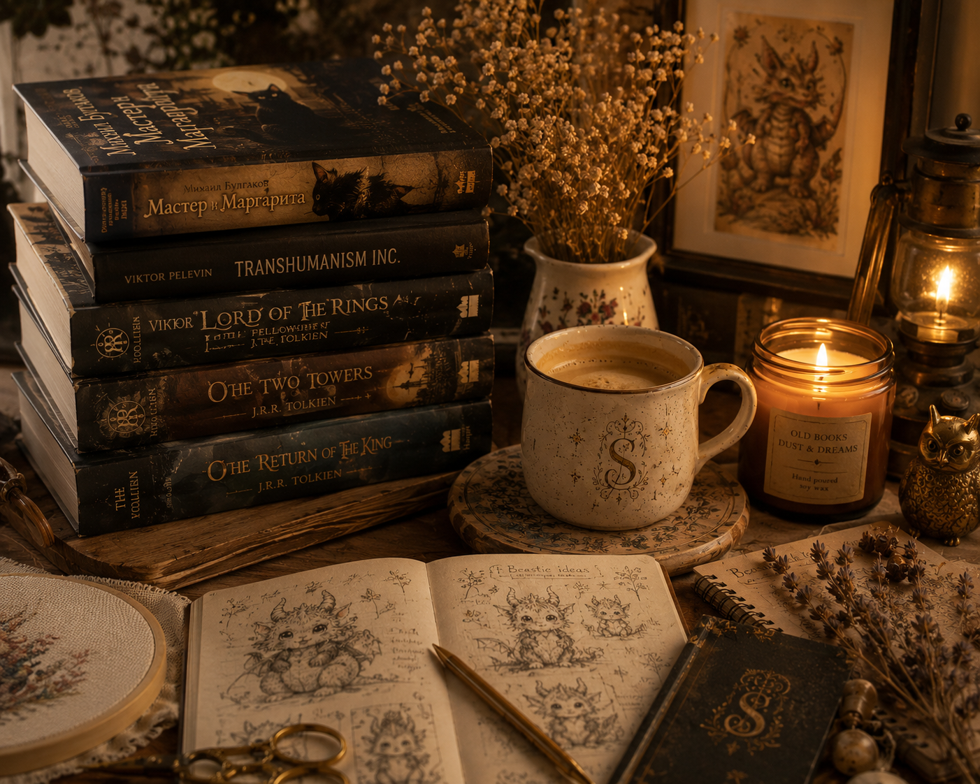 Cozy fantasy inspired stitching workspace featuring books, candlelight, embroidery sketches, coffee and cottagecore crafting atmosphere, perfect for cross stitch creativity, storytelling and mindful handmade projects