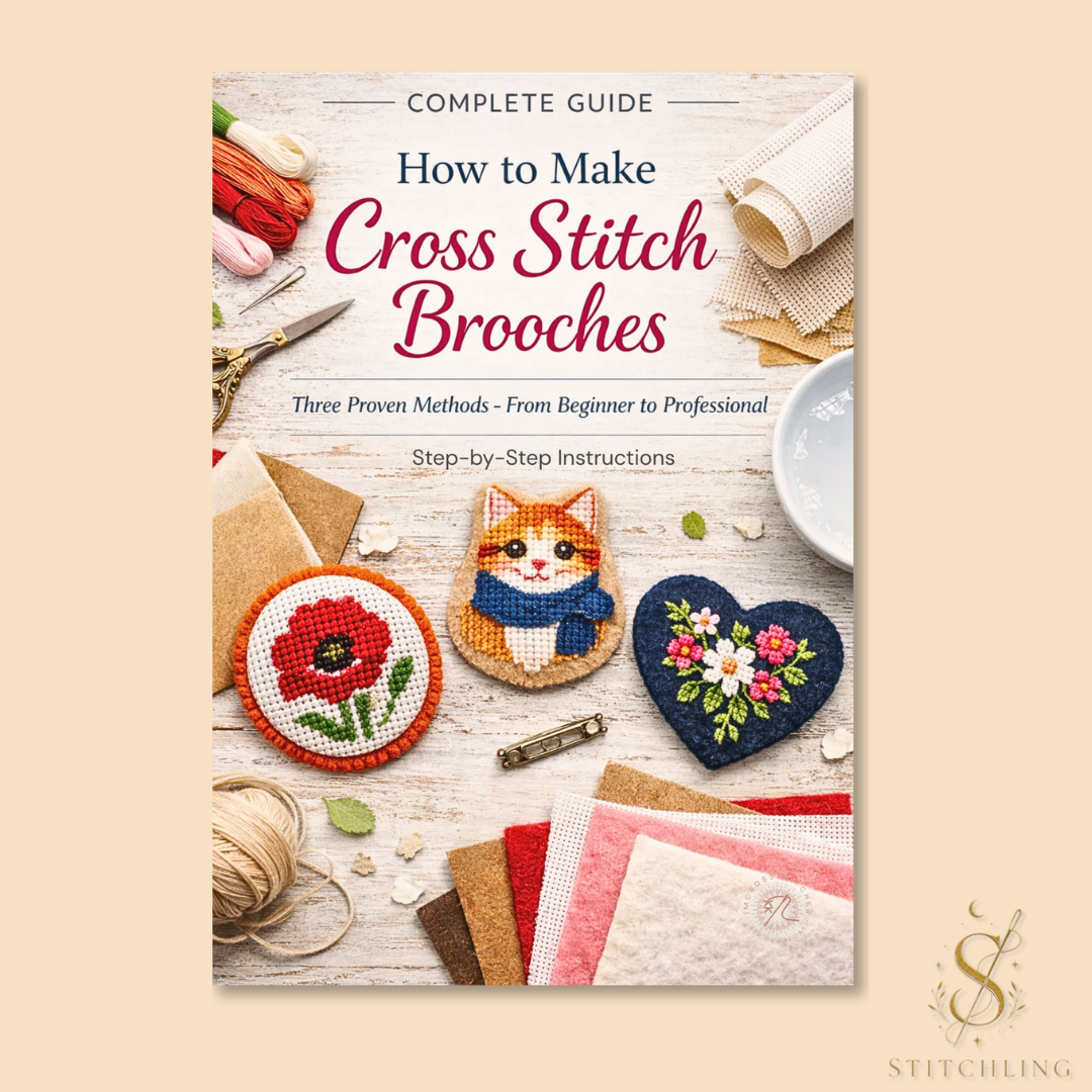 Bonus PDF guide showing how to make cross stitch brooches with step-by-step instructions, embroidery examples, felt backing materials, and finishing techniques.