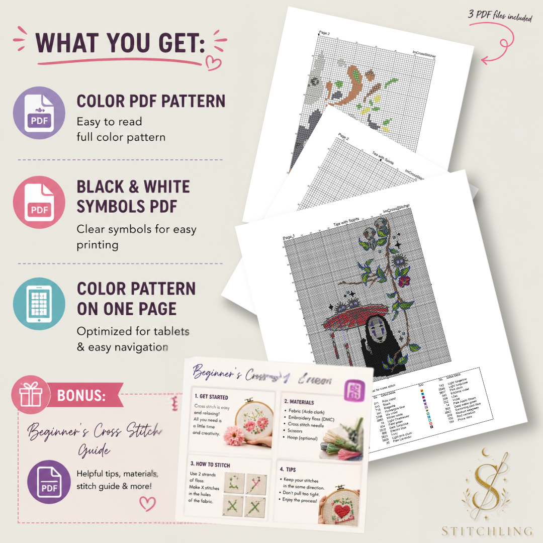 Included PDF formats: full-color cross stitch chart, black-and-white symbol chart, single-page color chart for tablets, and a bonus beginner’s cross stitch guide.