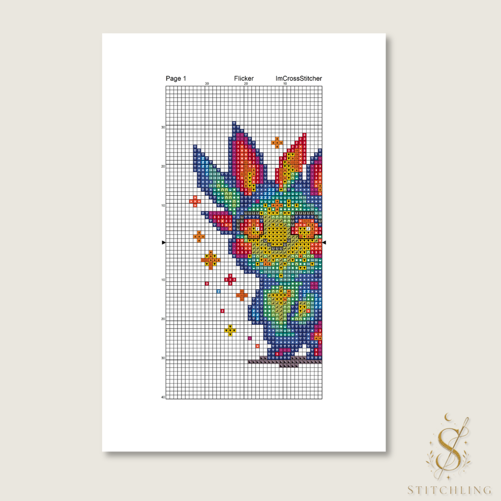 Chaos and Energy Beasties cross stitch pattern chart preview with color symbols, printable PDF design and DMC floss guide.
