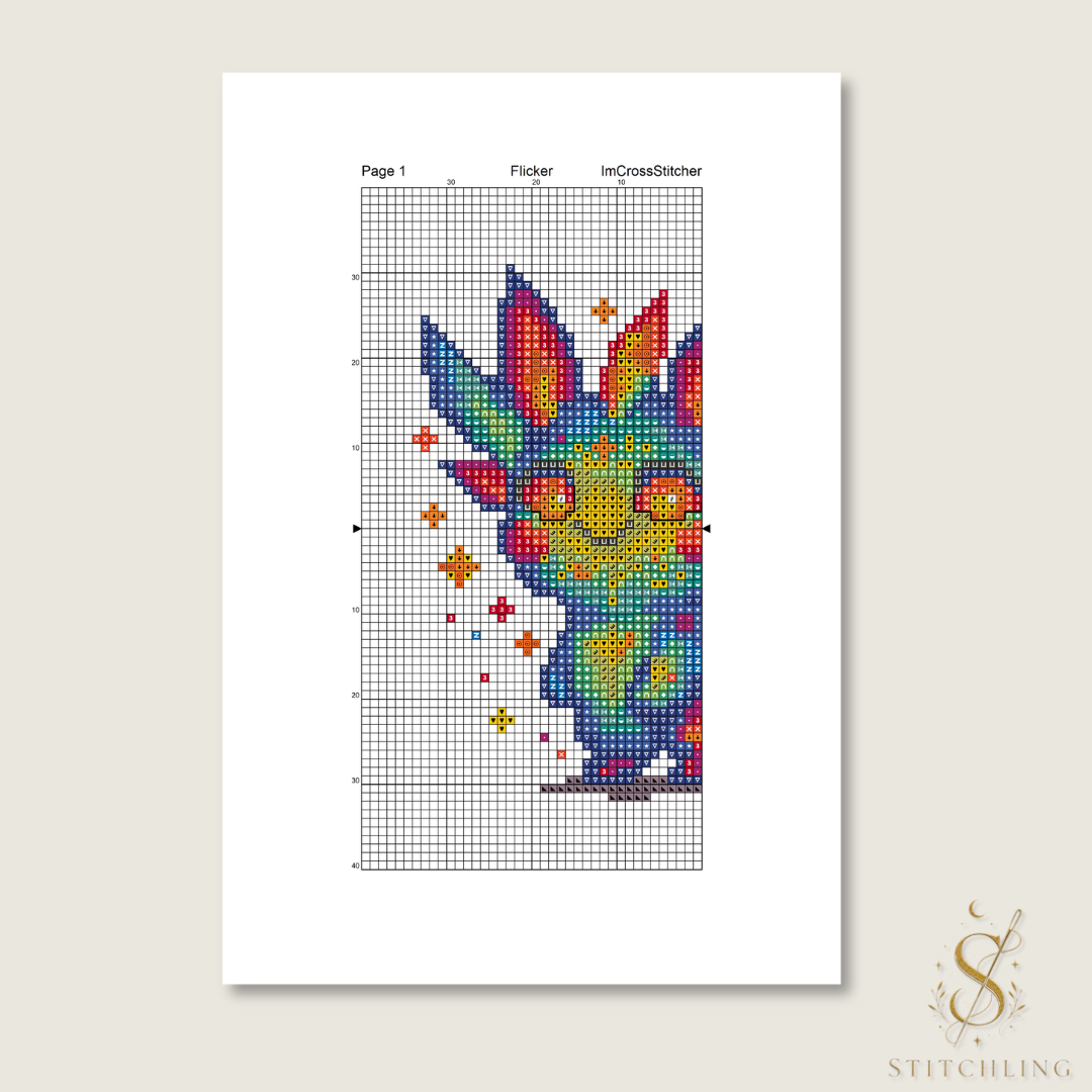 Chaos and Energy Beasties cross stitch pattern chart preview with color symbols, printable PDF design and DMC floss guide.