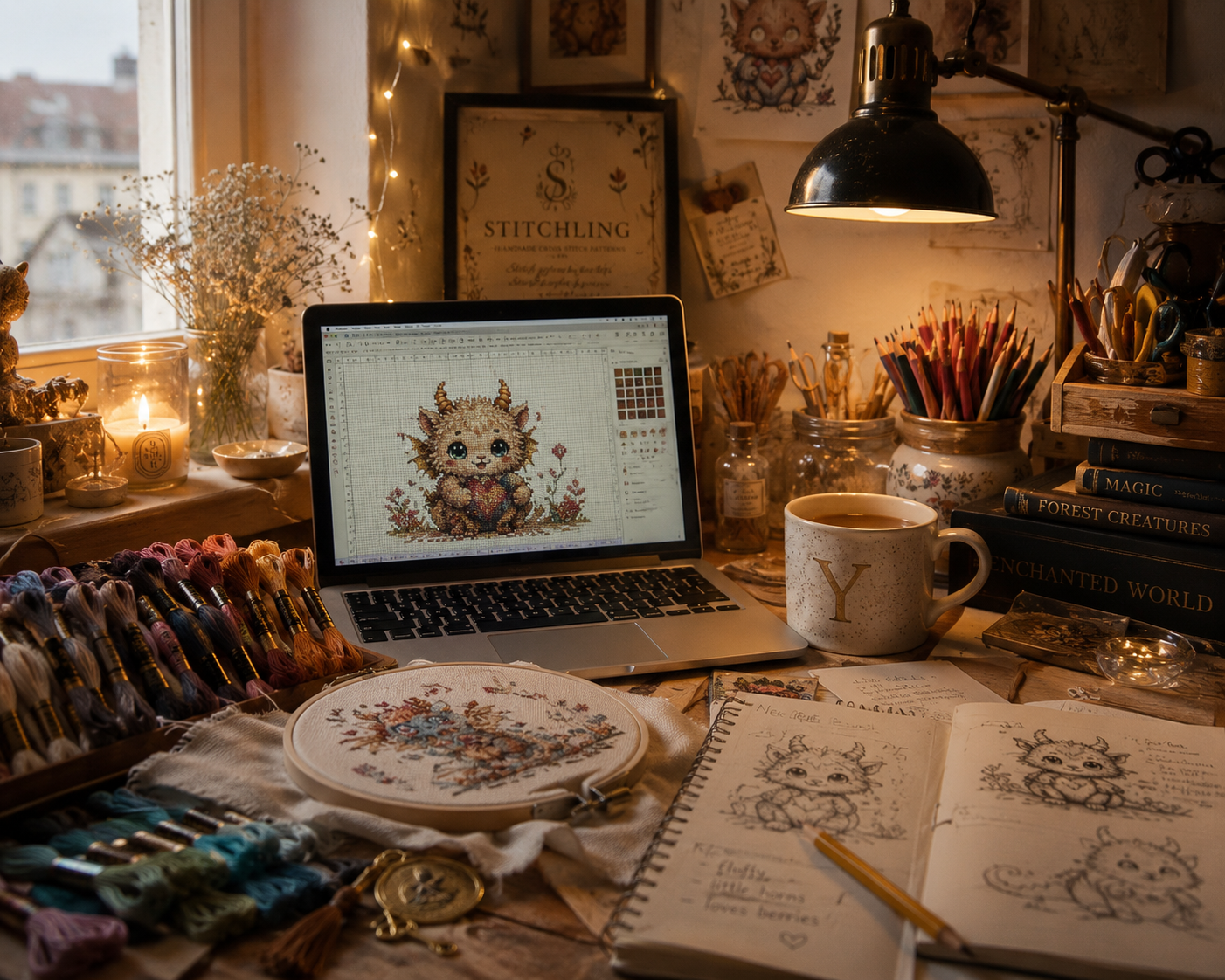 Cozy cross stitch pattern design workspace featuring embroidery software, fantasy creature pattern creation, DMC floss collection, sketchbook concepts, handmade stitching tools and cottagecore creative studio atmosphere