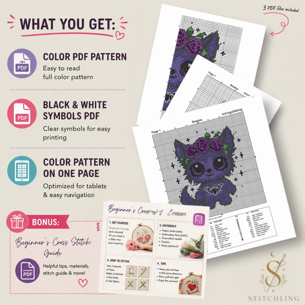Instant download cross stitch pattern files including color chart, black and white symbols chart, one-page pattern, DMC floss key and beginner cross stitch guide.