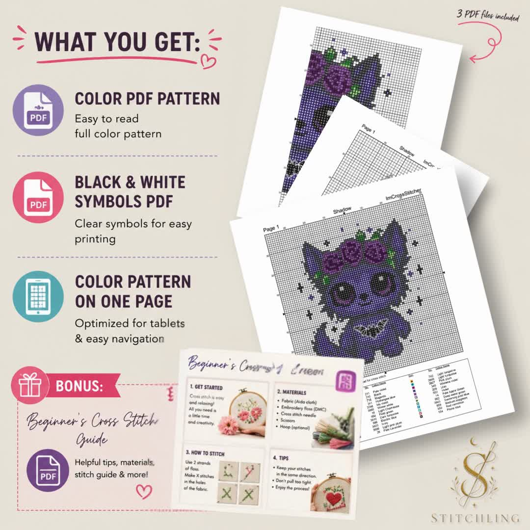 Instant download cross stitch pattern files including color chart, black and white symbols chart, one-page pattern, DMC floss key and beginner cross stitch guide.