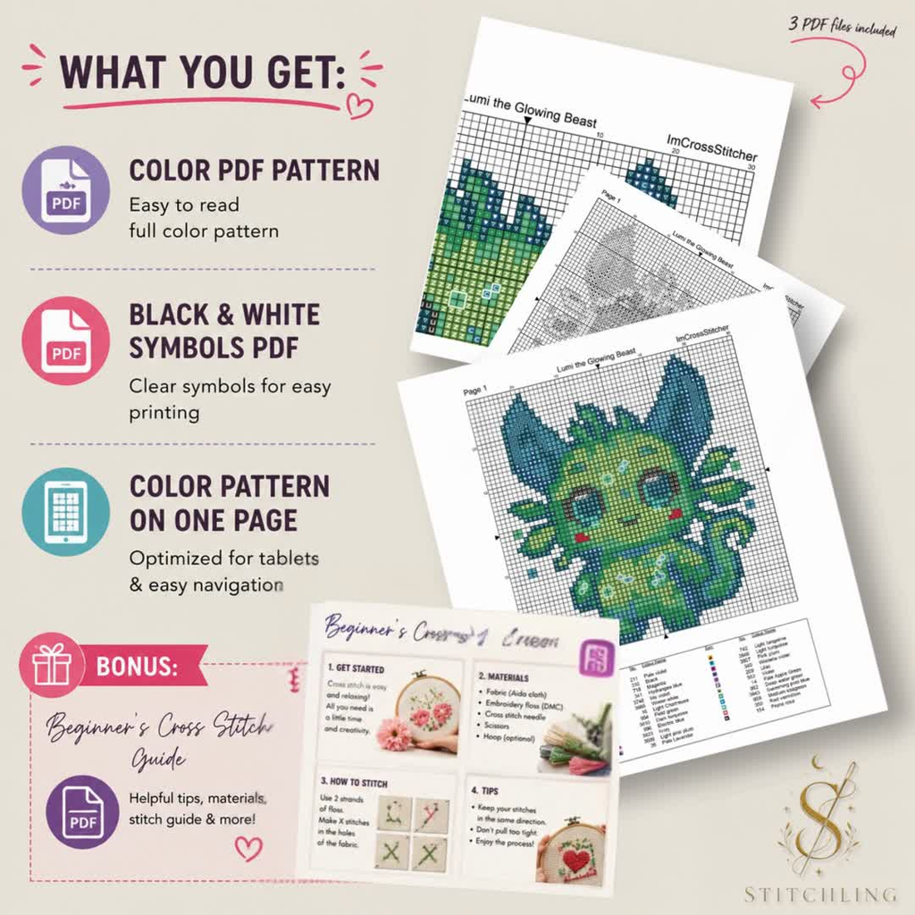Included files for cross stitch pattern download featuring color chart, black and white symbols, DMC floss list, printable PDF and stitching instructions