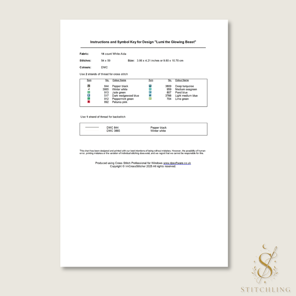 Cross stitch pattern instructions page featuring DMC color key, thread chart, stitch count, finished size information, fabric recommendations and embroidery symbol guide for a downloadable PDF pattern