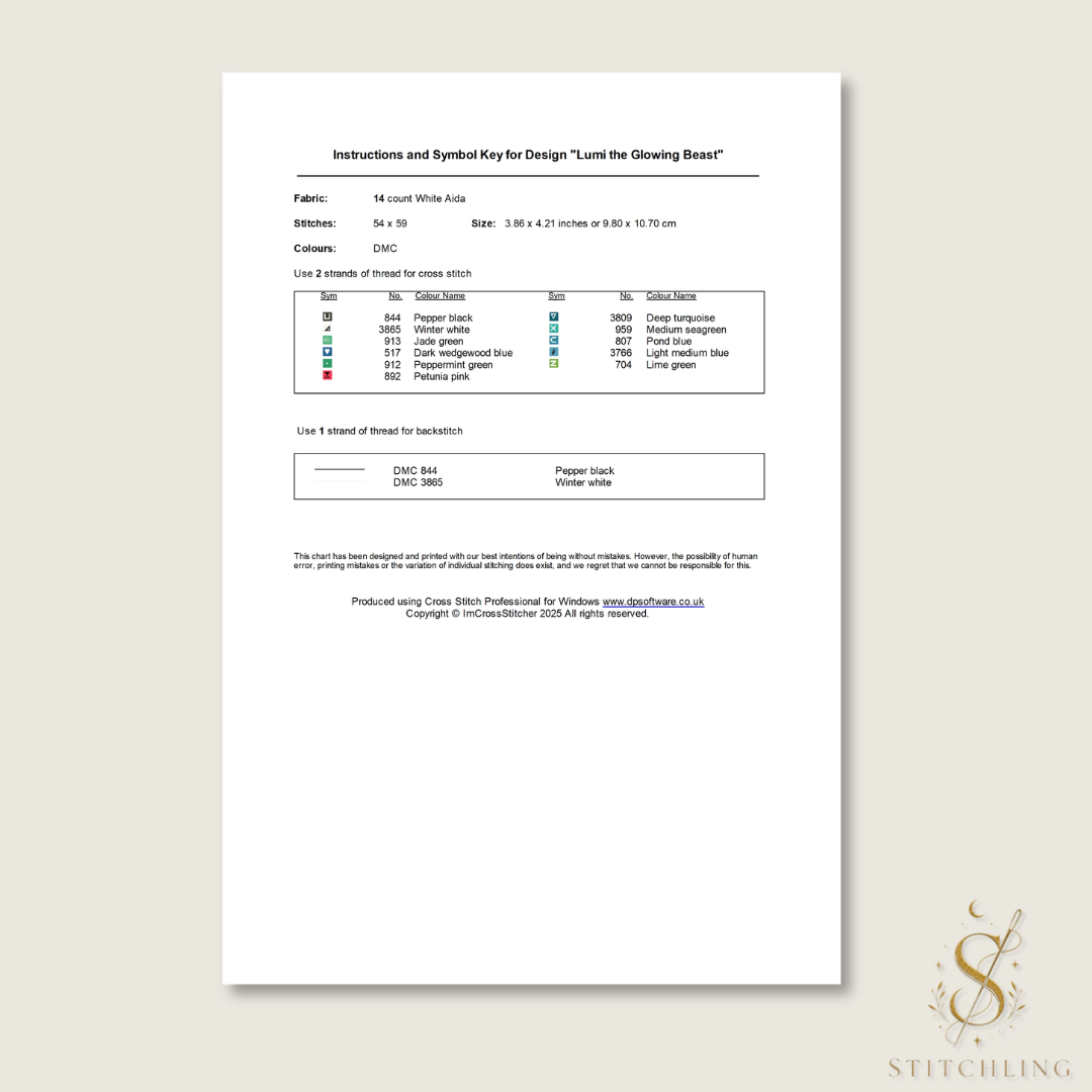 Cross stitch pattern instructions page featuring DMC color key, thread chart, stitch count, finished size information, fabric recommendations and embroidery symbol guide for a downloadable PDF pattern