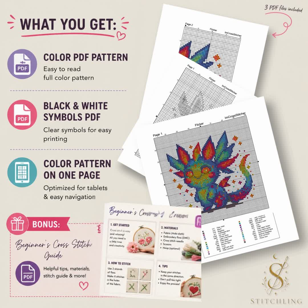 Instant download cross stitch pattern files including color chart, black and white symbols chart, one-page pattern, DMC floss key and beginner cross stitch guide.