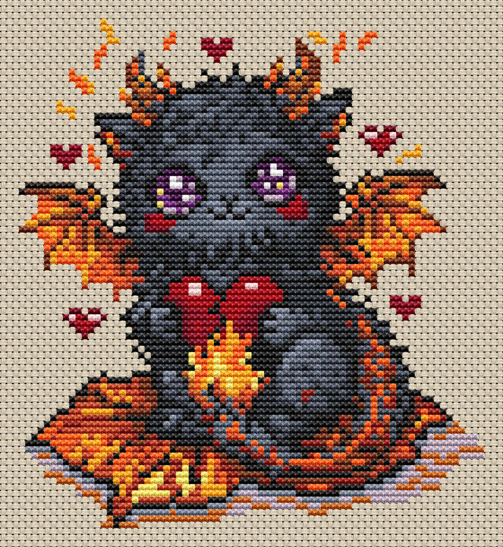Ember Beastie cross stitch pattern PDF, cute fire dragon embroidery design with glowing flames, fantasy creature artwork and magical details.