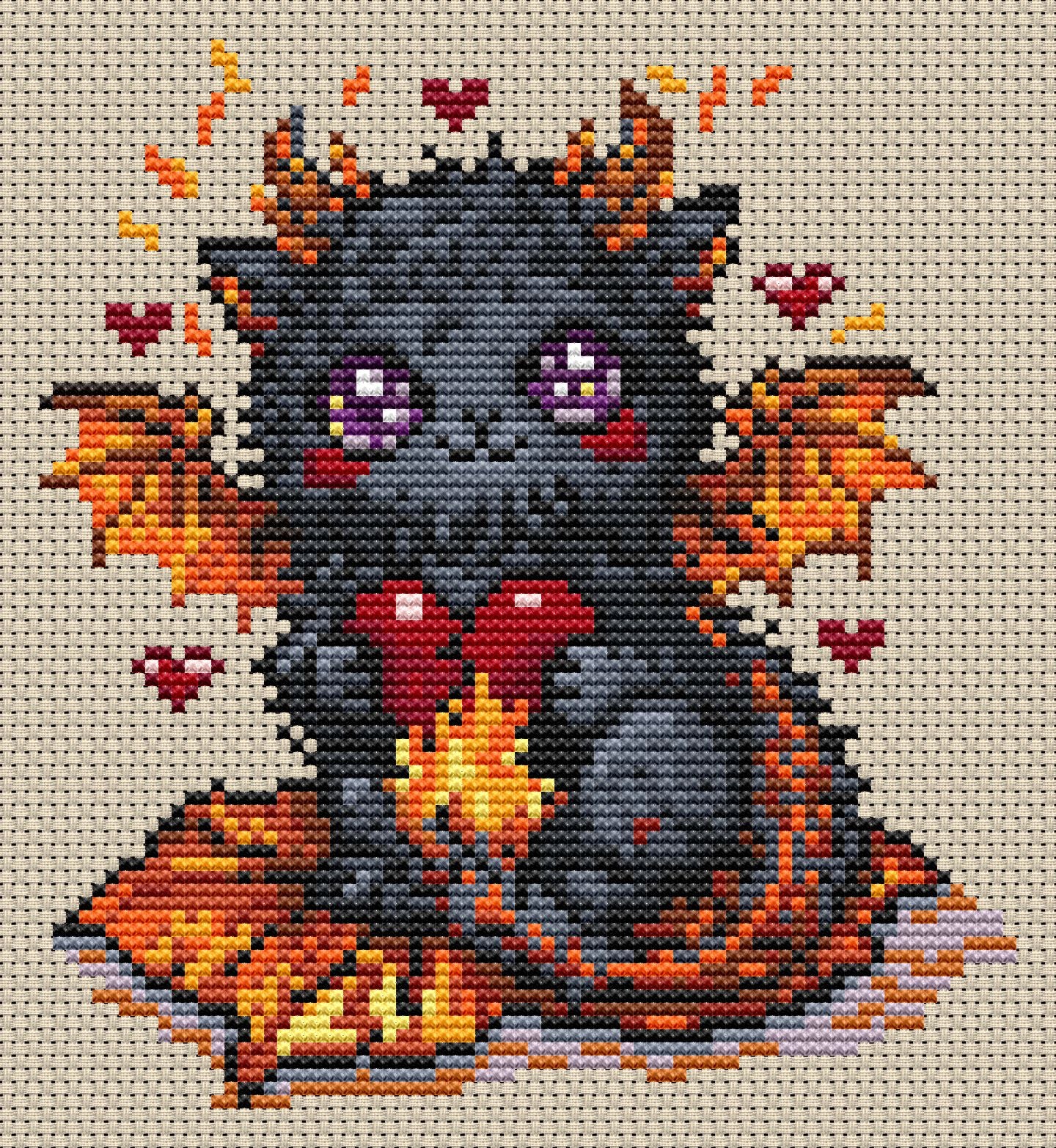 Ember Beastie cross stitch pattern PDF, cute fire dragon embroidery design with glowing flames, fantasy creature artwork and magical details.
