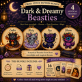 Dark & Dreamy Beasties cross stitch pattern bundle featuring Ember, Misty, Nyx and Bloom, four mystical fantasy creature embroidery designs with 16 printable Beastie story cards.
