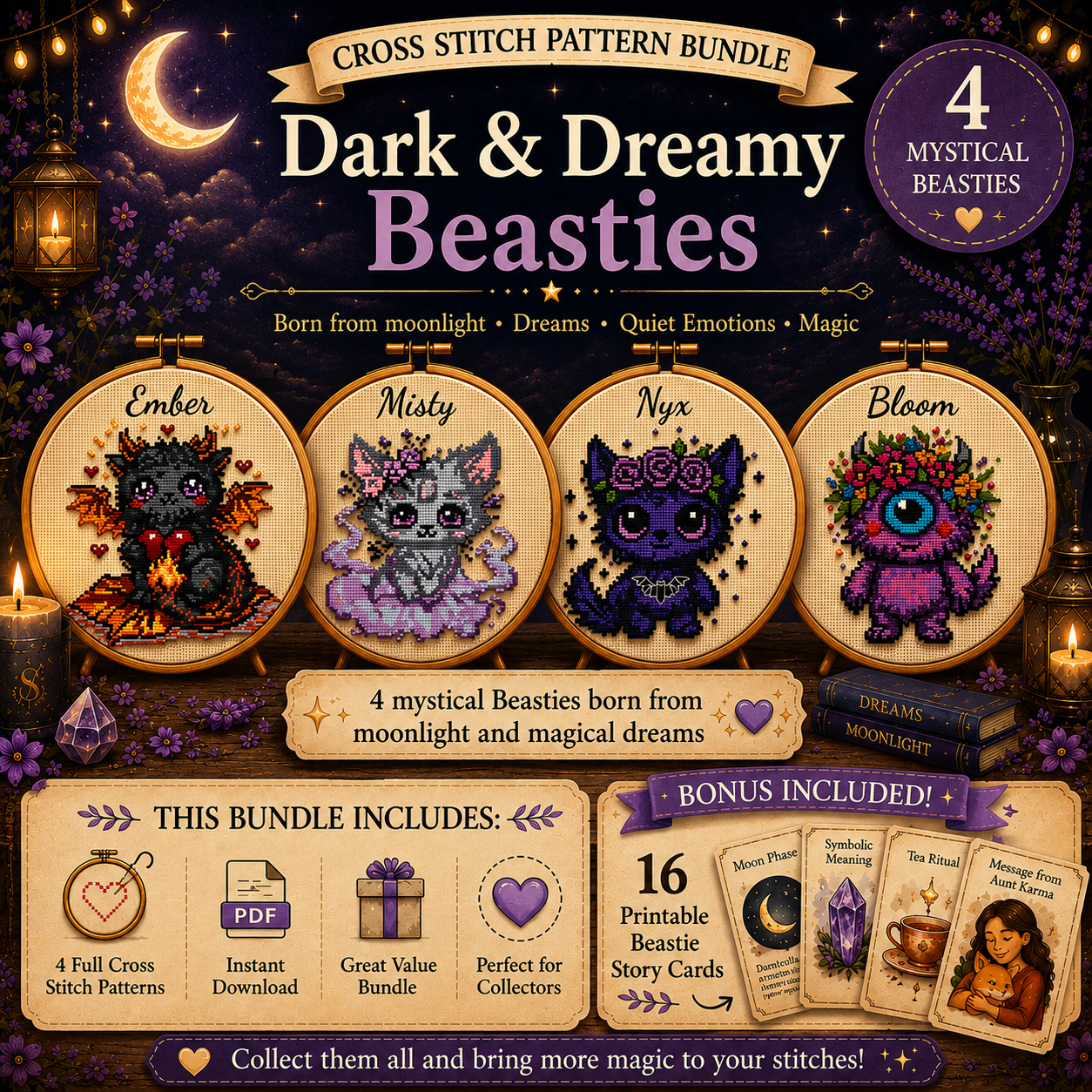 Dark & Dreamy Beasties cross stitch pattern bundle featuring Ember, Misty, Nyx and Bloom, four mystical fantasy creature embroidery designs with 16 printable Beastie story cards.