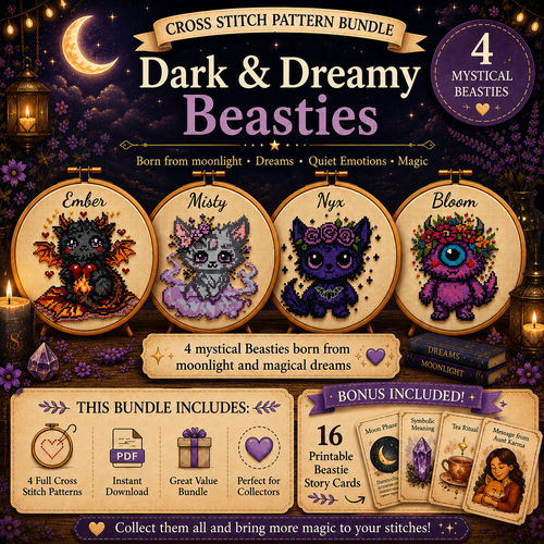 Dark & Dreamy Beasties cross stitch pattern bundle featuring Ember, Misty, Nyx and Bloom, four mystical fantasy creature embroidery designs with 16 printable Beastie story cards.