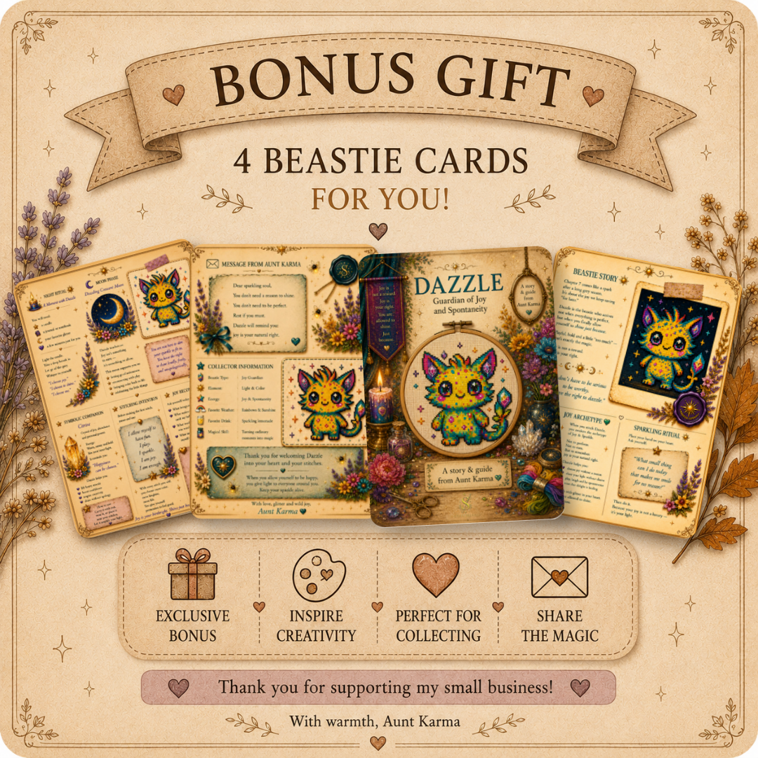Bonus printable Beastie story cards included with Dazzle cross stitch pattern featuring affirmations, rituals, symbolism and magical companion guides.