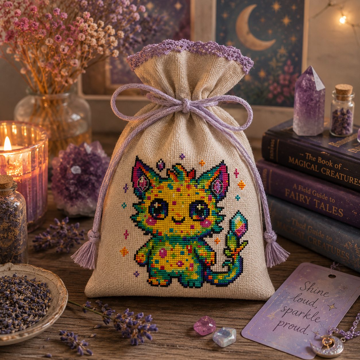 Dazzle Beastie cross stitch pattern stitched on a linen drawstring pouch, cute fantasy embroidery project and collector gift idea.