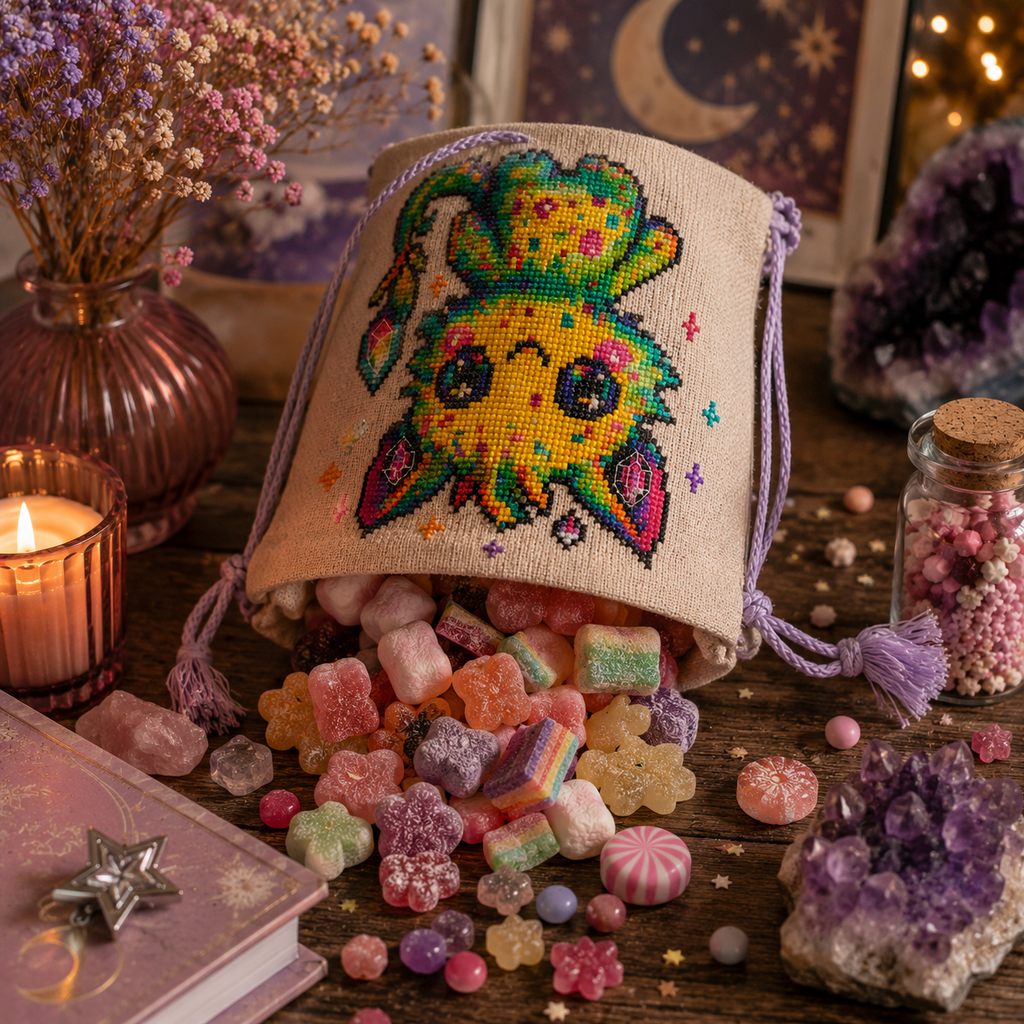 Dazzle Beastie cross stitch pattern stitched on a decorative sachet bag, colorful fantasy creature embroidery and handmade gift idea.