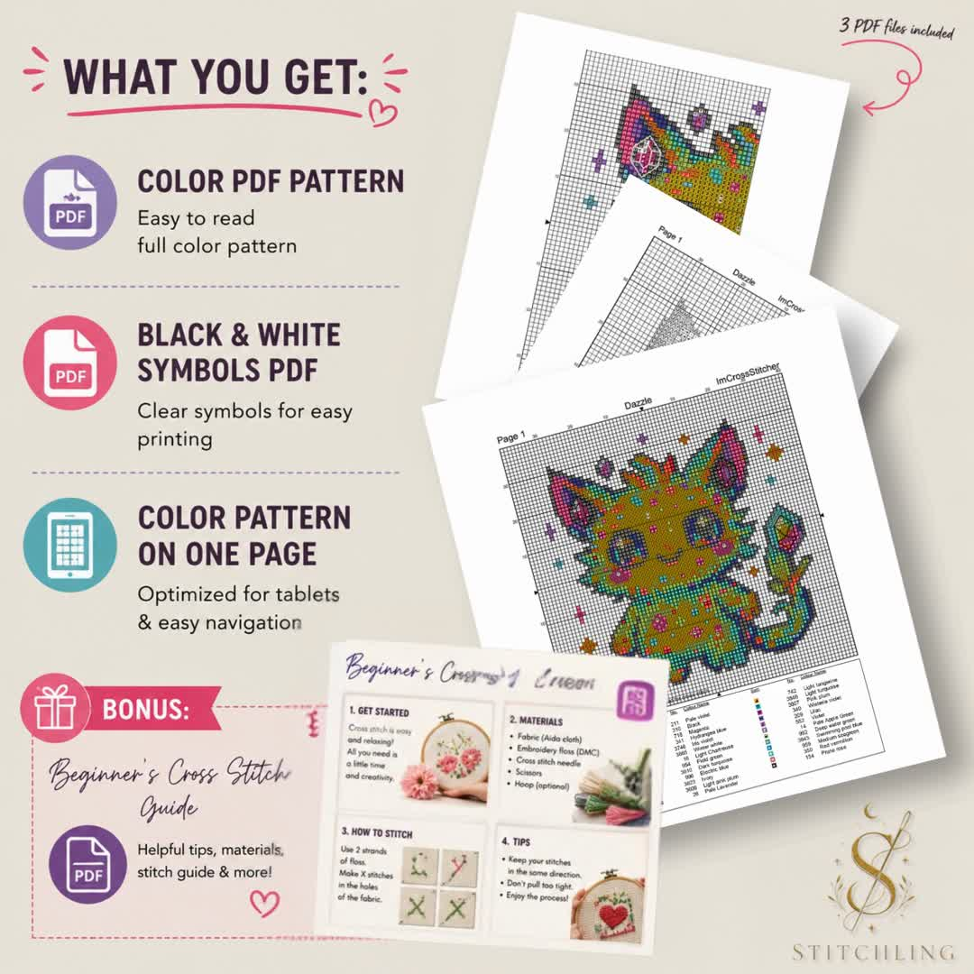 Included files for Dazzle the Sparkling Beast cross stitch pattern featuring color chart, black and white symbols, DMC floss list, printable PDF and beginner instructions