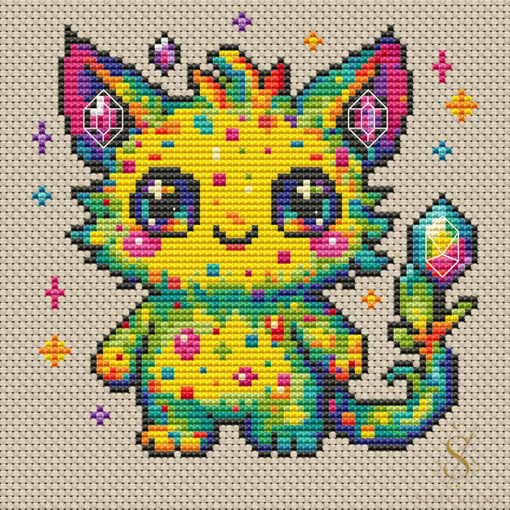 Dazzle Beastie cross stitch pattern PDF, colorful fantasy cat embroidery design with rainbow crystals, magical gems and cute creature artwork.