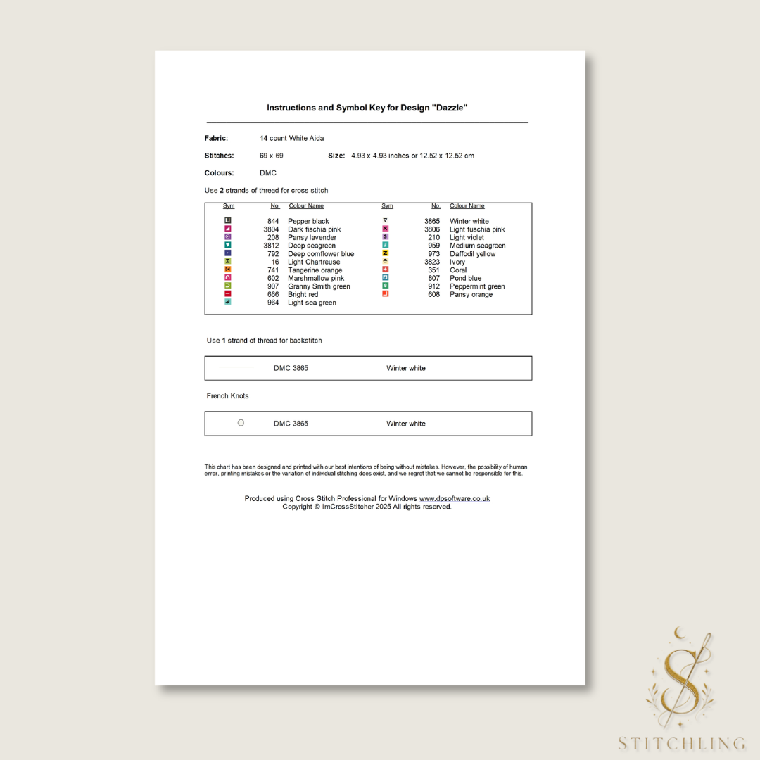DMC floss color chart and thread list included with Dazzle the Sparkling Beast counted cross stitch pattern