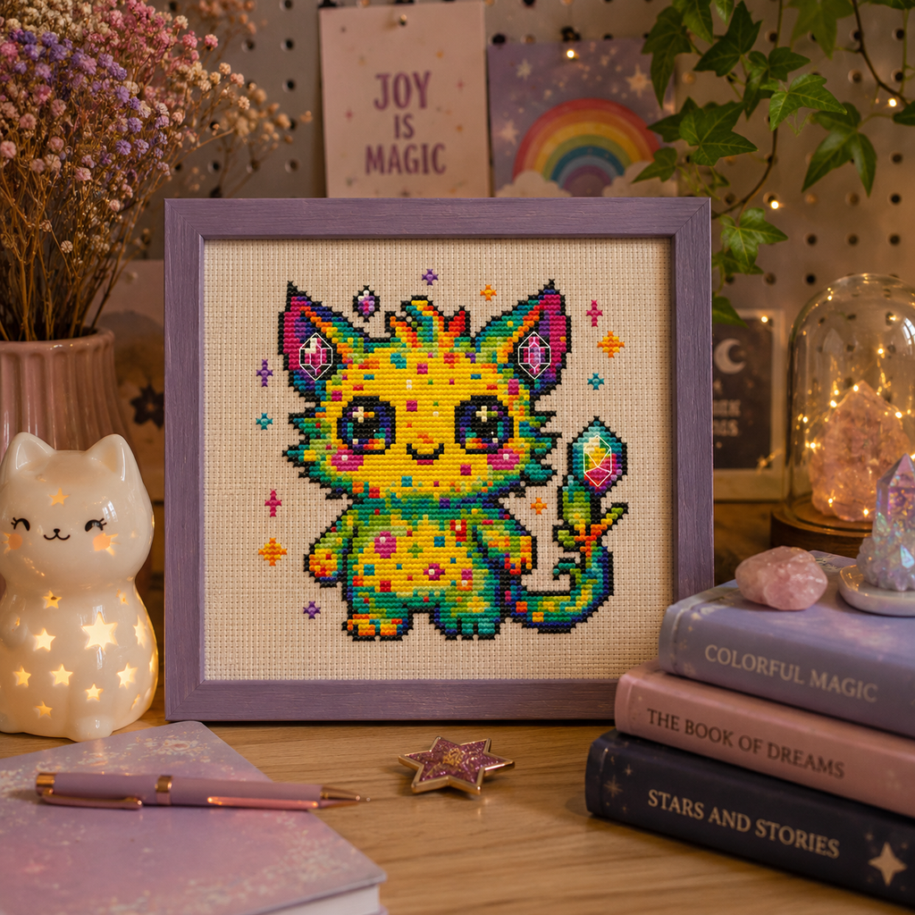 Dazzle the Sparkling Beast framed cross stitch artwork featuring a colorful rainbow fantasy creature with crystal details, kawaii embroidery wall decor