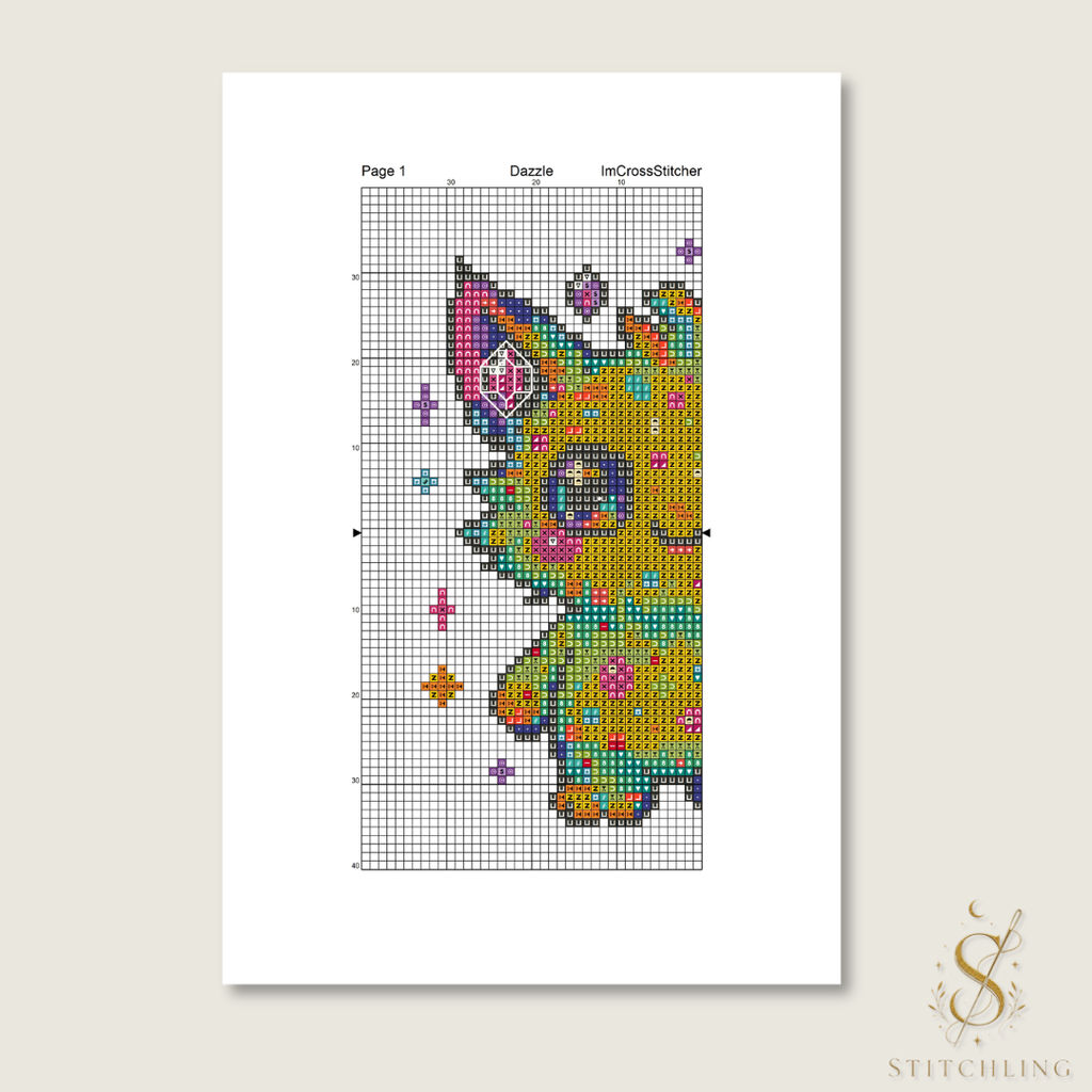 Pattern Keeper compatible cross stitch chart preview for Dazzle the Sparkling Beast rainbow fantasy creature embroidery pattern PDF