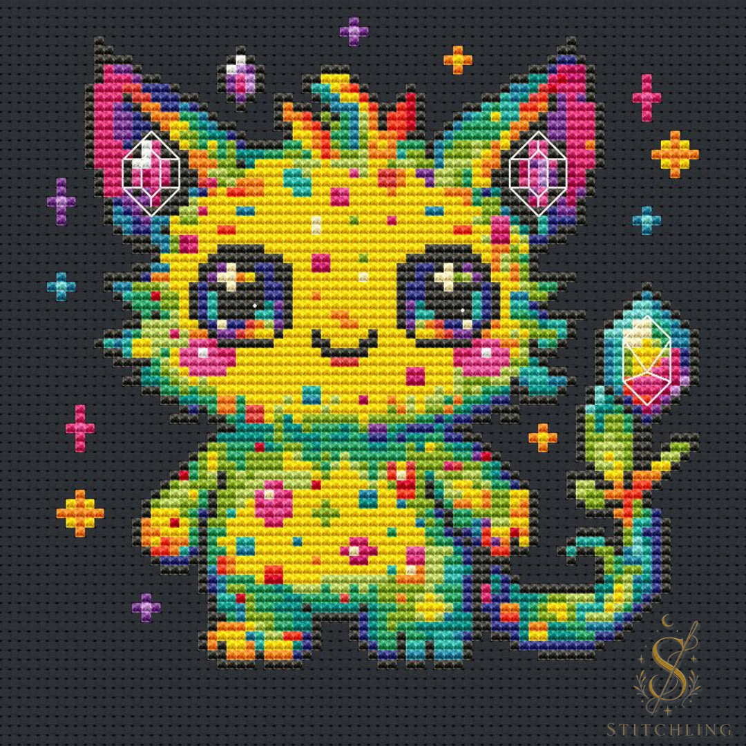 Dazzle the Sparkling Beast rainbow cross stitch pattern featuring a colorful fantasy creature with crystal details, kawaii embroidery design on a dark background
