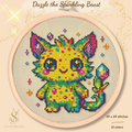 Dazzle the Sparkling Beast cross stitch pattern PDF featuring a colorful rainbow fantasy creature with crystal details, counted cross stitch design for fantasy and kawaii embroidery lovers