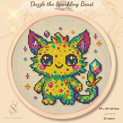 Dazzle the Sparkling Beast cross stitch pattern PDF featuring a colorful rainbow fantasy creature with crystal details, counted cross stitch design for fantasy and kawaii embroidery lovers