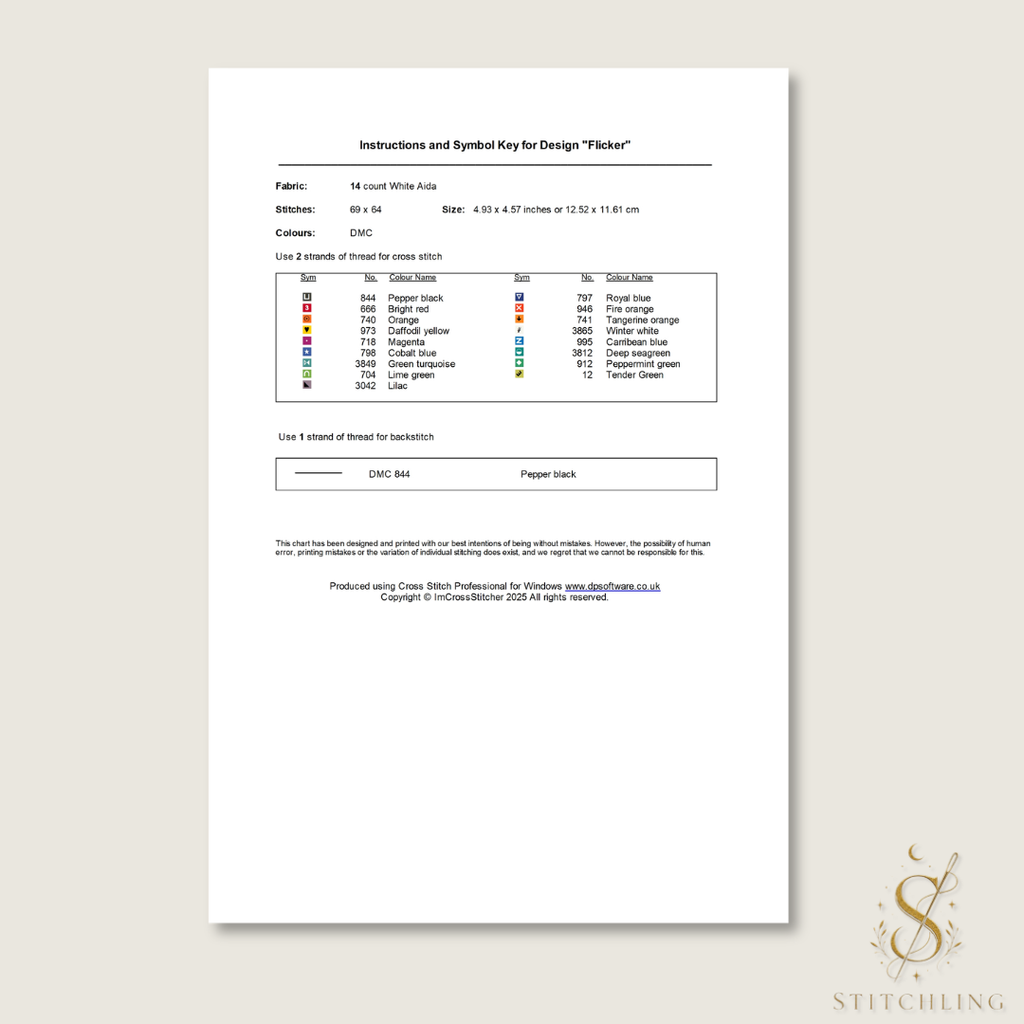 Printable cross stitch pattern with DMC thread color chart, symbol key, floss numbers and embroidery instructions.