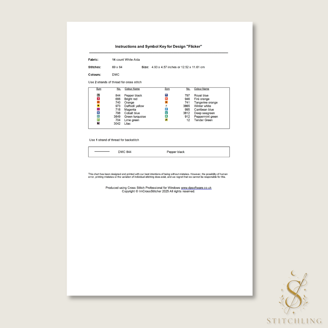 Printable cross stitch pattern with DMC thread color chart, symbol key, floss numbers and embroidery instructions.