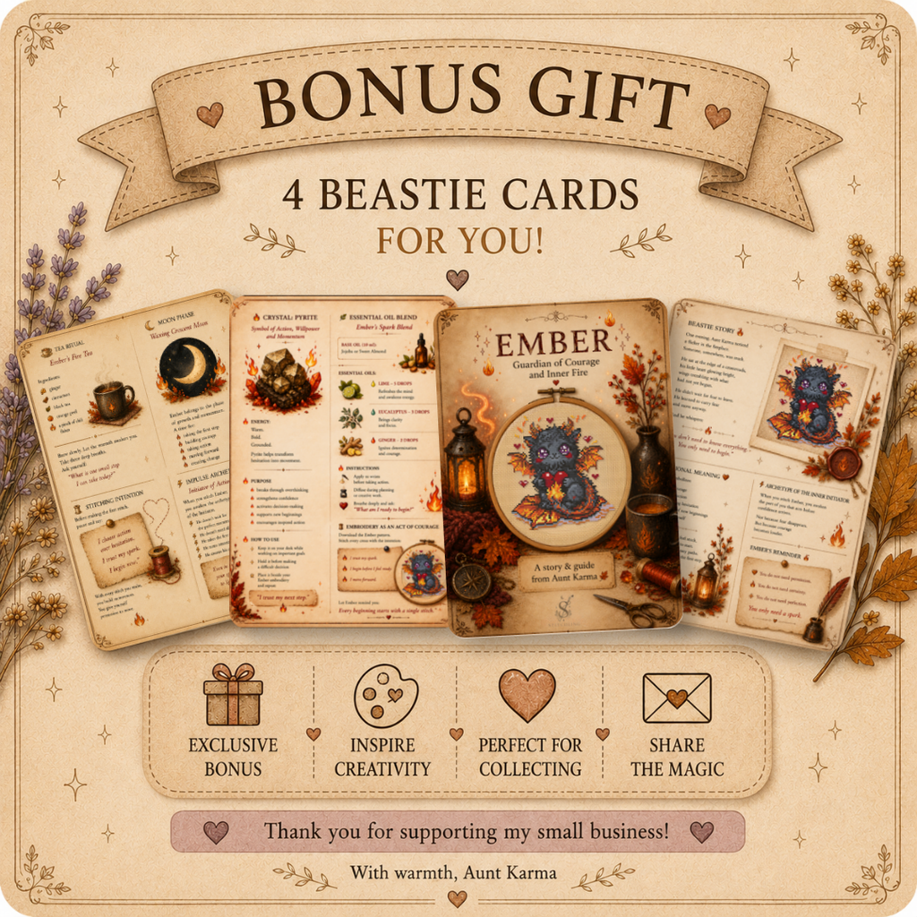 Bonus printable Beastie story cards included with Ember dragon cross stitch pattern featuring character story, affirmations, rituals and magical companion information.