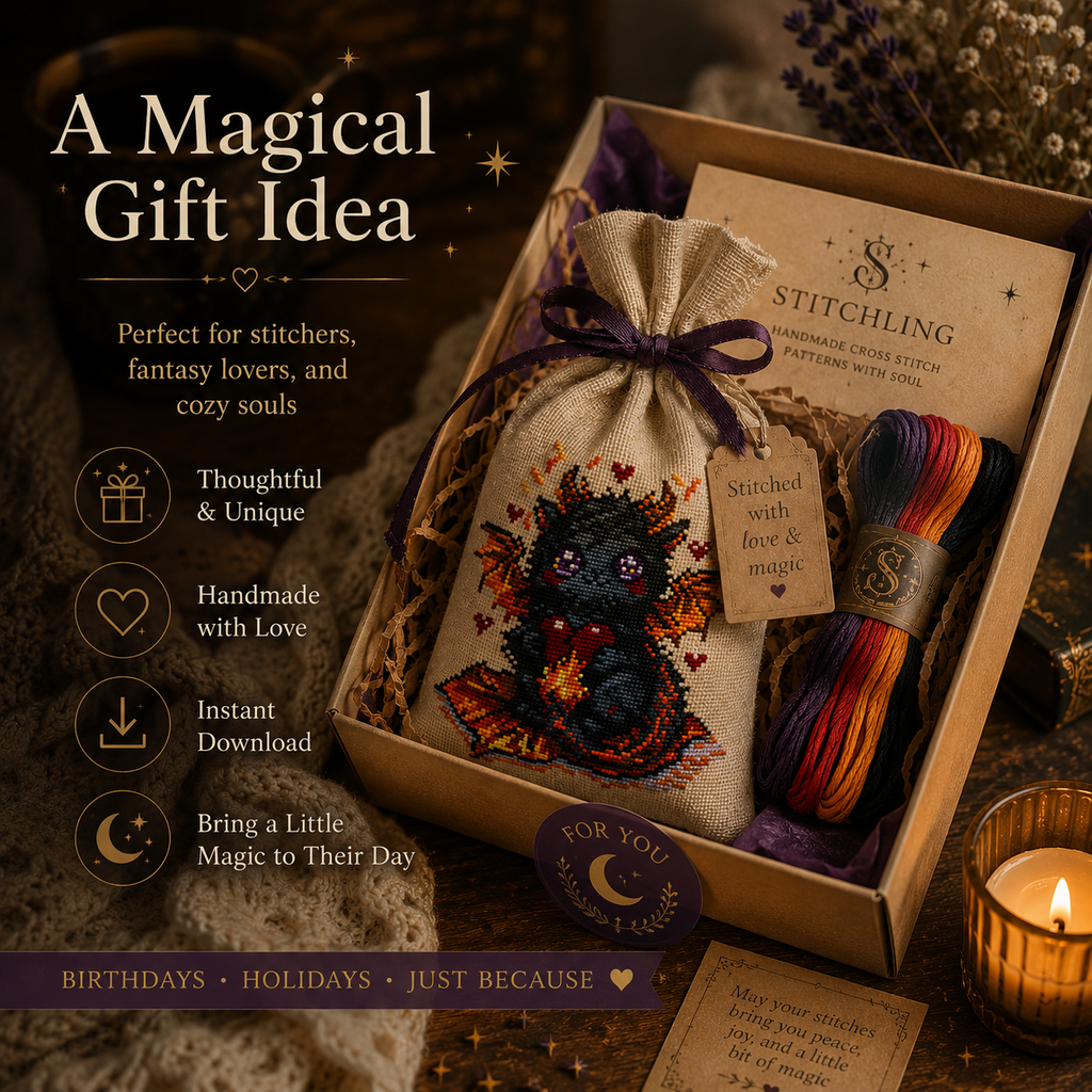 Ember Beastie dragon cross stitch pattern gift idea featuring stitched embroidery, embroidery floss, fantasy craft project and cozy handmade present.